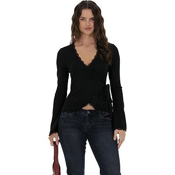 Women's Lace Trim Wrap Waist Tie Long Sleeve Top