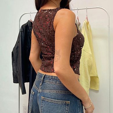 Women Sequin Mock Neck Sleeveless Top Party Crop Blouse