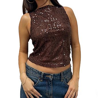 Women Sequin Mock Neck Sleeveless Top Party Crop Blouse
