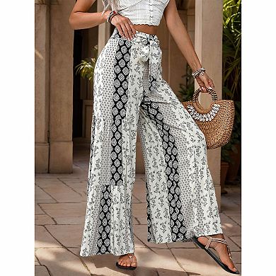 Women's Boho Printed Tie Waist Wide Leg Pants