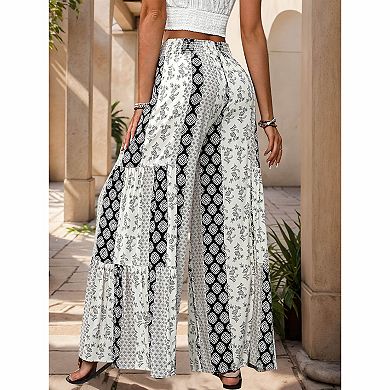 Women's Boho Printed Tie Waist Wide Leg Pants