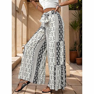 Women's Boho Printed Tie Waist Wide Leg Pants