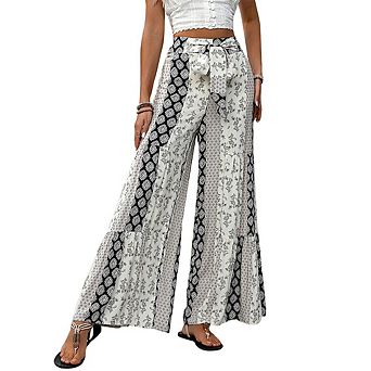 Women's Boho Printed Tie Waist Wide Leg Pants