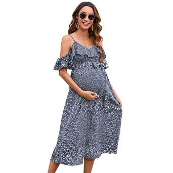 Summer Maternity Floral Dress Cold Shoulder Spaghetti Strap Ruffle Flowy Midi Casual Dress for Daily