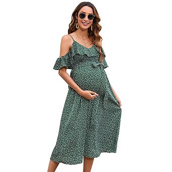 Summer Maternity Floral Dress Cold Shoulder Spaghetti Strap Ruffle Flowy Midi Casual Dress for Daily