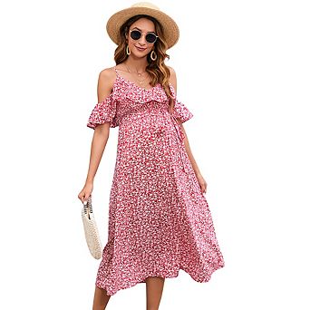 Summer Maternity Floral Dress Cold Shoulder Spaghetti Strap Ruffle Flowy Midi Casual Dress for Daily