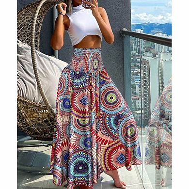 Women's Boho Print Elastic High Waist Wide Leg Pants