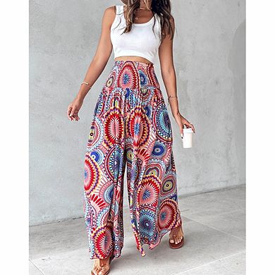 Women's Boho Print Elastic High Waist Wide Leg Pants