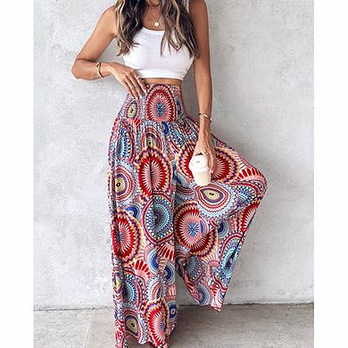 Women's Boho Print Elastic High Waist Wide Leg Pants