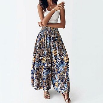 Women's Boho Print Elastic High Waist Wide Leg Pants