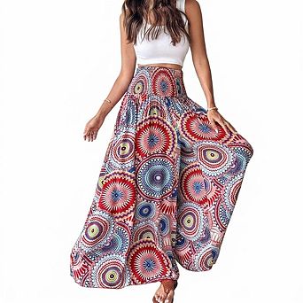 Women's Boho Print Elastic High Waist Wide Leg Pants