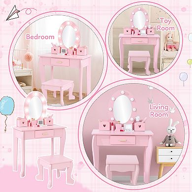 Kids Vanity Table & Chair Set with Lighted Mirror, Wooden Pretend Play Makeup Vanity