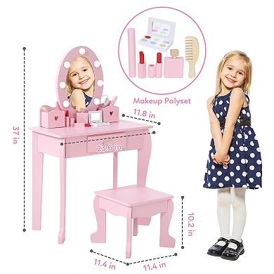 Kids Vanity Table & Chair Set with Lighted Mirror, Wooden Pretend Play Makeup Vanity