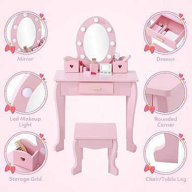 Kids Vanity Table & Chair Set with Lighted Mirror, Wooden Pretend Play Makeup Vanity