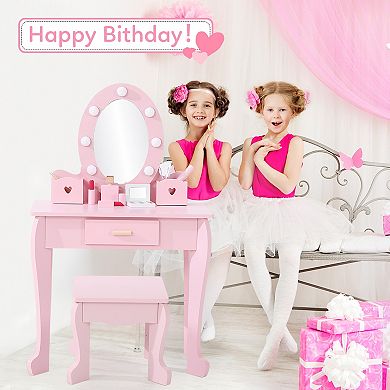 Kids Vanity Table & Chair Set with Lighted Mirror, Wooden Pretend Play Makeup Vanity