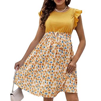 Womens Maternity Casual Swing Floral Ruffle Short Sleeve Sundresses Beach Mini Dress