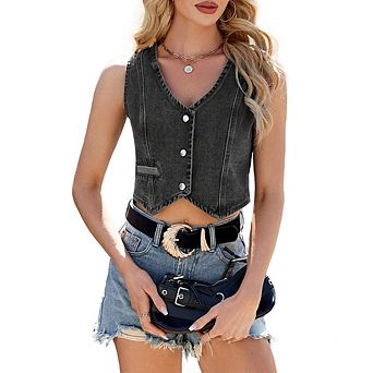Women Cropped Denim Vest Sleeveless V-Neck Button Down Jean Waistcoat