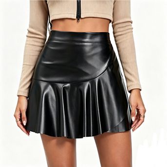 Y2KWomen's Faux Leather Ruffled Mini Skirt High-Waisted Asymmetrical Hem Bodycon Skirt