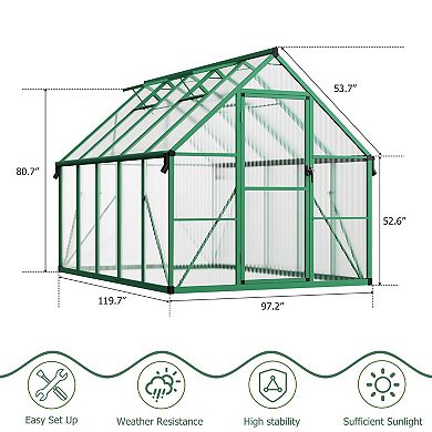 ANIXOL Walk-In Polycarbonate Greenhouse with Lockable Door, Roof Vent and Gutters