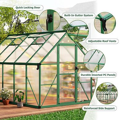ANIXOL Walk-In Polycarbonate Greenhouse with Lockable Door, Roof Vent and Gutters