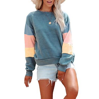 Women's Long Sleeve Crewneck Color Block Sweatshirts Casual Lightweight Pullover Tops