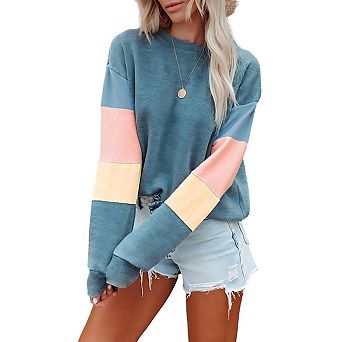 Women's Long Sleeve Crewneck Color Block Sweatshirts Casual Lightweight Pullover Tops