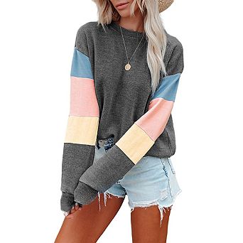 Women's Long Sleeve Crewneck Color Block Sweatshirts Casual Lightweight Pullover Tops