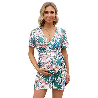 Women's Maternity Jumpsuit Short Sleeve V Neck Waist Tie Belt Slim Fit Clothes