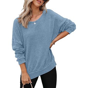 Women's Casual Sweatshirts Crewneck Long Sleeve Side Slit Oversized Waffle Sweatshirts Top