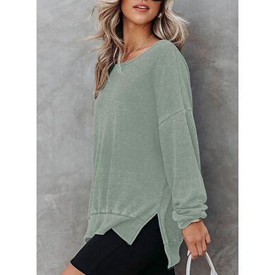 Women's Casual Sweatshirts Crewneck Long Sleeve Side Slit Oversized Waffle Sweatshirts Top