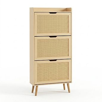 Minimalist Rattan Shoe Cabinet with Flip Drawers & Deodorant Vents for Small Spaces