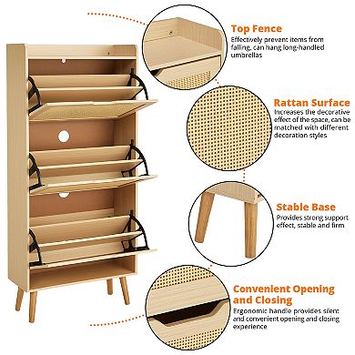 Minimalist Rattan Shoe Cabinet with Flip Drawers & Deodorant Vents for Small Spaces