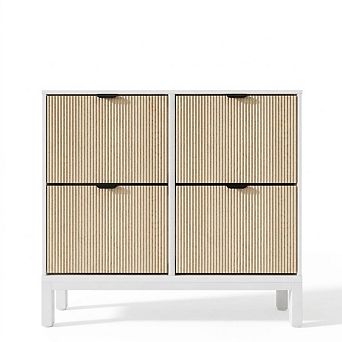 Natural Rattan Shoe Storage Cabinet with 4 Flip Drawers & Adjustable Shelves for Entryway