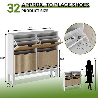 Natural Rattan Shoe Storage Cabinet with 4 Flip Drawers & Adjustable Shelves for Entryway