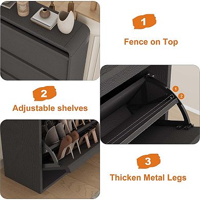 Modern Oak Entryway Shoe Cabinet with Adjustable Shelves & 3 Flip Compartments