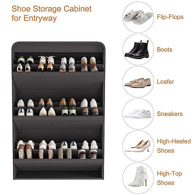 Modern Oak Entryway Shoe Cabinet with Adjustable Shelves & 3 Flip Compartments