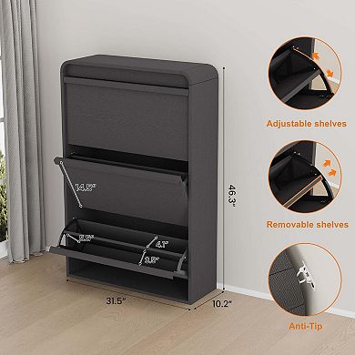 Modern Oak Entryway Shoe Cabinet with Adjustable Shelves & 3 Flip Compartments