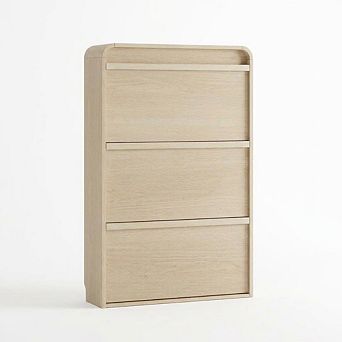 Modern Oak Entryway Shoe Cabinet with Adjustable Shelves & 3 Flip Compartments