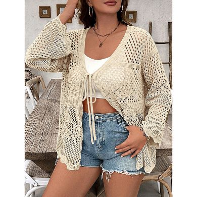 Women's Plus Size Lightweight Cardigan Bell Sleeve Tie Front Knit Cover Up