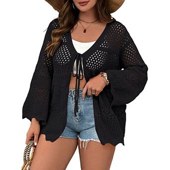 Women's Plus Size Lightweight Cardigan Bell Sleeve Tie Front Knit Cover Up