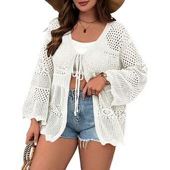 Women's Plus Size Lightweight Cardigan Bell Sleeve Tie Front Knit Cover Up