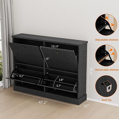 Modern Narrow Wave Shoe Storage Cabinet with 4 Flip Drawers & Adjustable Shelves
