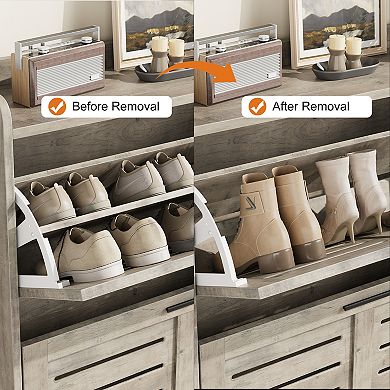 Rustic Entryway Shoe Cabinet with 2 Flip-Down Drawers & 2 Hooks for Small Spaces & Apartments