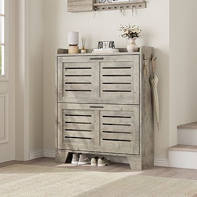 Rustic Entryway Shoe Cabinet with 2 Flip-Down Drawers & 2 Hooks for Small Spaces & Apartments