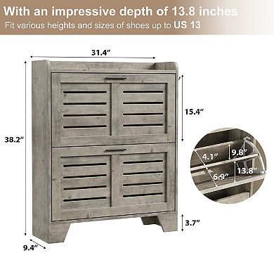 Rustic Entryway Shoe Cabinet with 2 Flip-Down Drawers & 2 Hooks for Small Spaces & Apartments