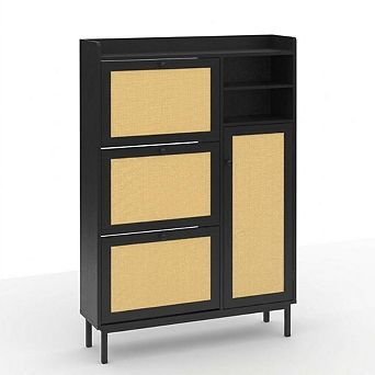 Modern Freestanding Rattan Shoe Cabinet with 3 Flip Drawers & 5 tier Shelves for Entryway