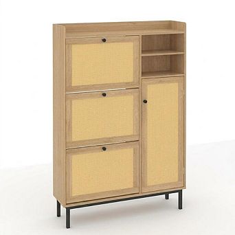Modern Freestanding Rattan Shoe Cabinet with 3 Flip Drawers & 5 tier Shelves for Entryway