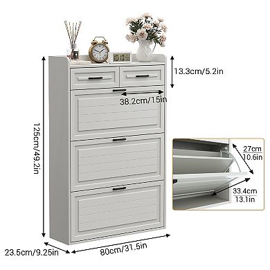 Entryway Hidden Wooden Shoe Cabinet with 3 Flip Drawers, 2 Drawers & Adjustable Panel for Hallway