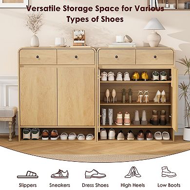 Large Capacity Wooden Shoe Cabinet with Adjustable Shelves, 2 Drawers & Bottom Shelf