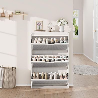 Bohemian Rattan Shoe Cabinet with 3 Flip Drawers & Adjustable Shelves for Entryway